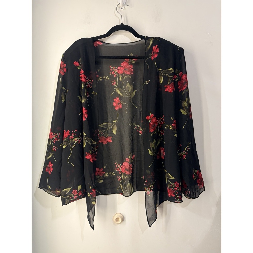 Vintage Jeffery & Dara Evenings 22W Black Floral Sheer Open Front‎ Jacket USA